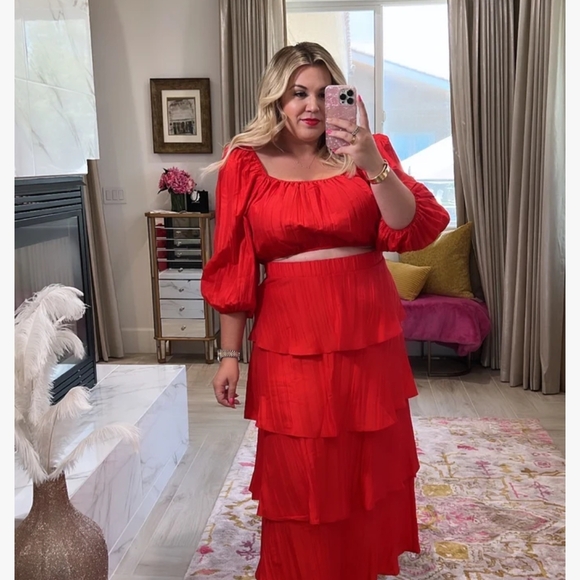 Show Me Your MuMu Dresses & Skirts - SET Red Women's Red Pleated Tiered Midi Skirt AND Top